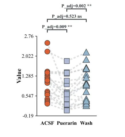ACSF、Puerarin 与 Wash 三条件下的配对散点连线和多重比较标注